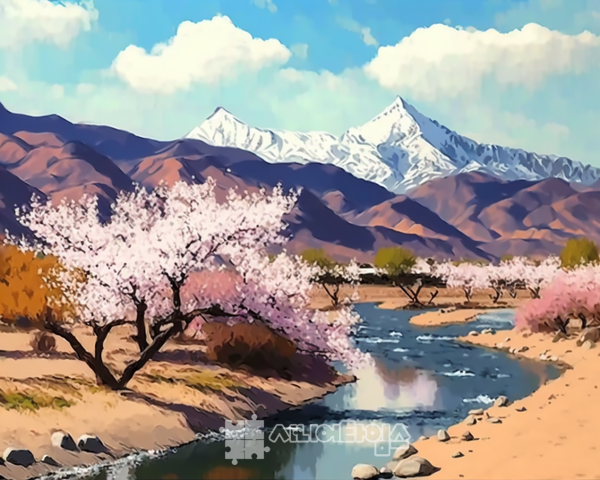 그림 인공지능 미드저니(Midjourney)에게 세잔 스타일로 주문한 매화꽃 핀 섬진강변 풍경